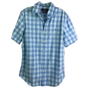 Vineyard Vines Mens Sz M Blue Plaid Slim Fit Whale Shirt Short Sleeve Cotton